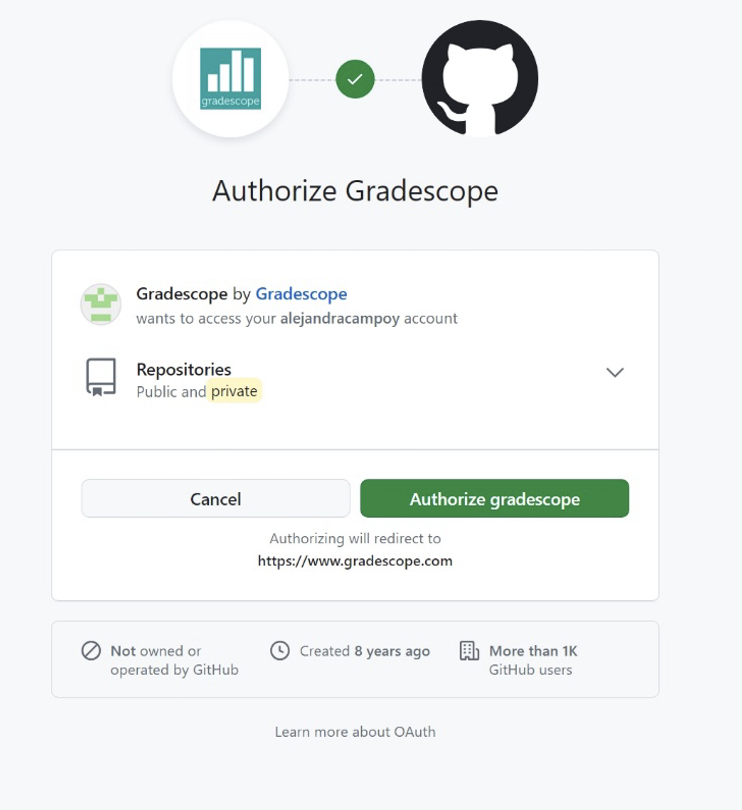 Screen shot of authorizing Gradescope to talk to GitHub.