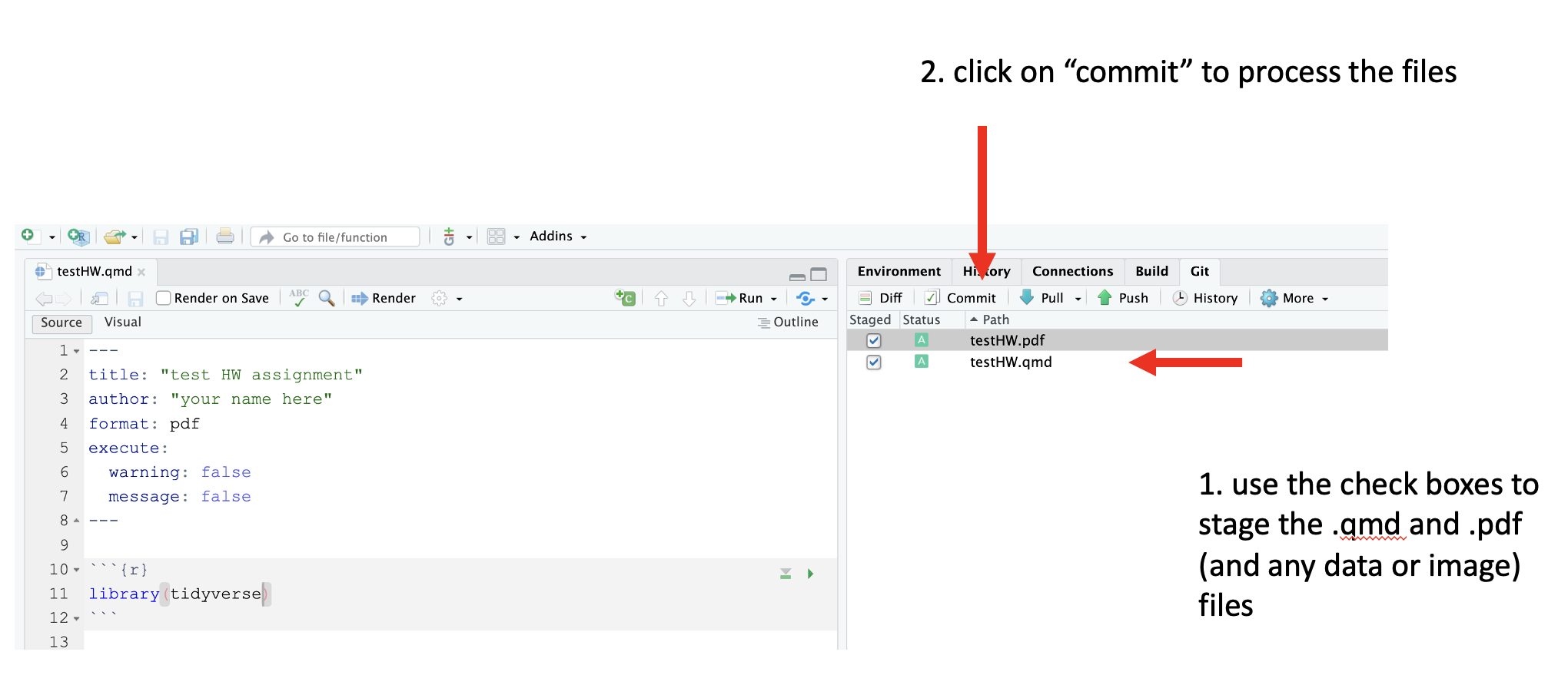 Screen shot of how to commit using the RStudio IDE.