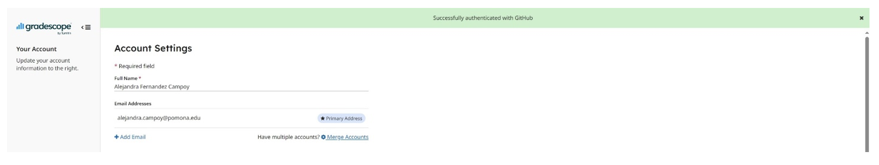 Screen shot of successful integration between GitHub and Gradescope.