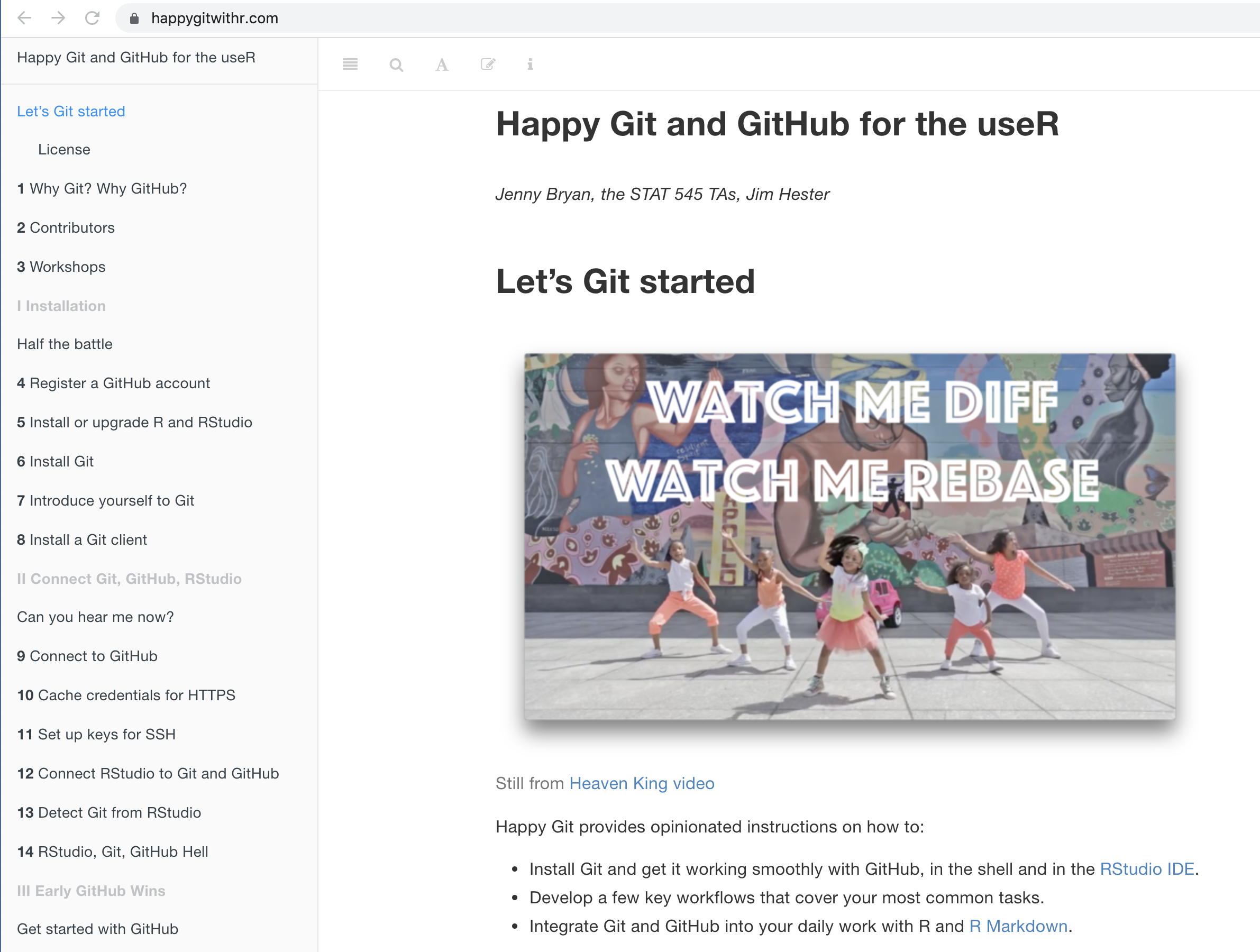 Screen shot of the Happy Git with R webpage.