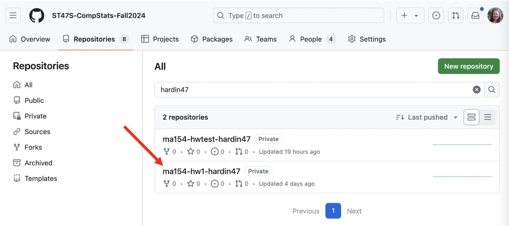 Screen shot of GitHub showing what the course organization will look like for a given student.