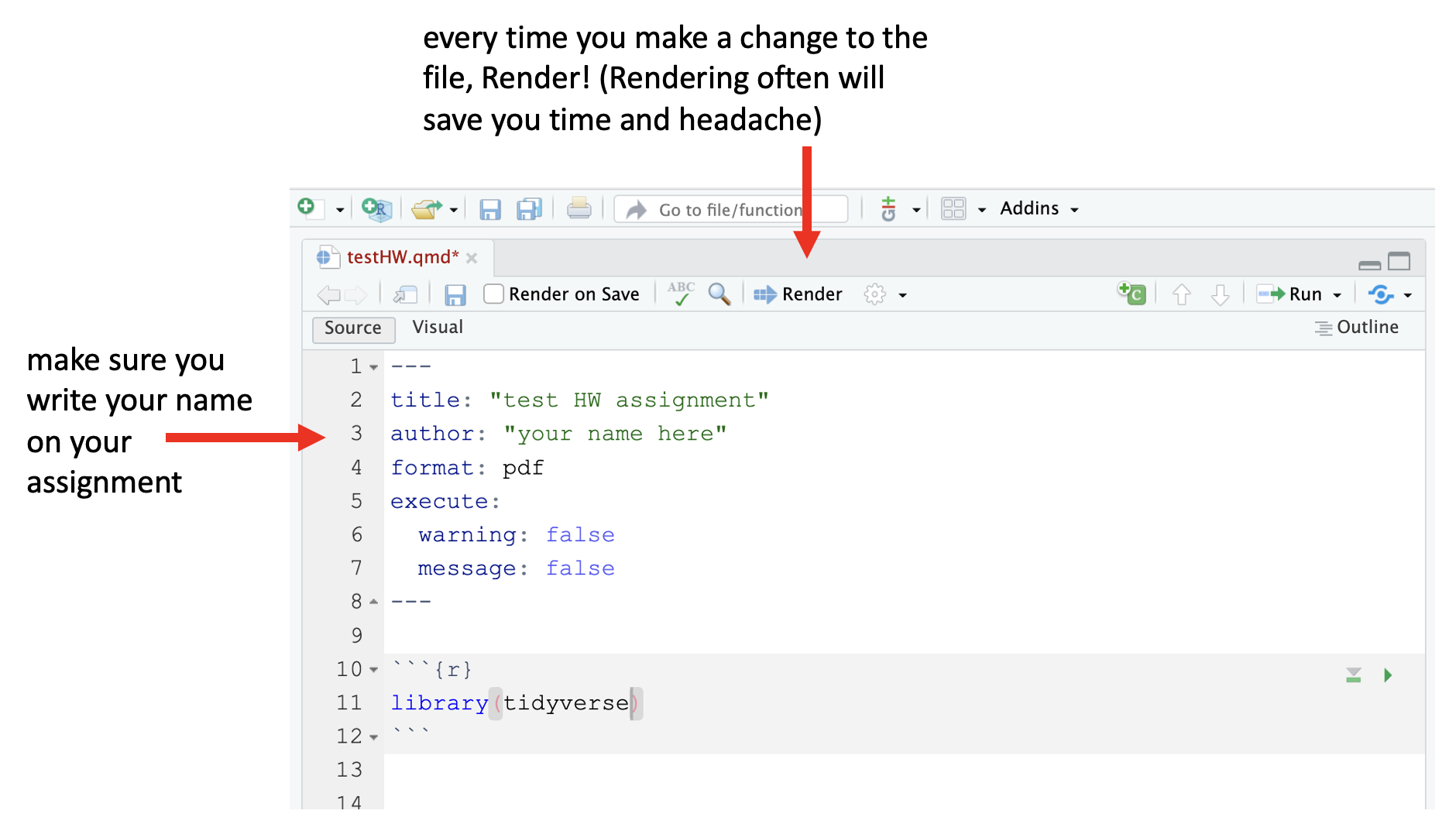 Screen shot of how to Render using the RStudio IDE.