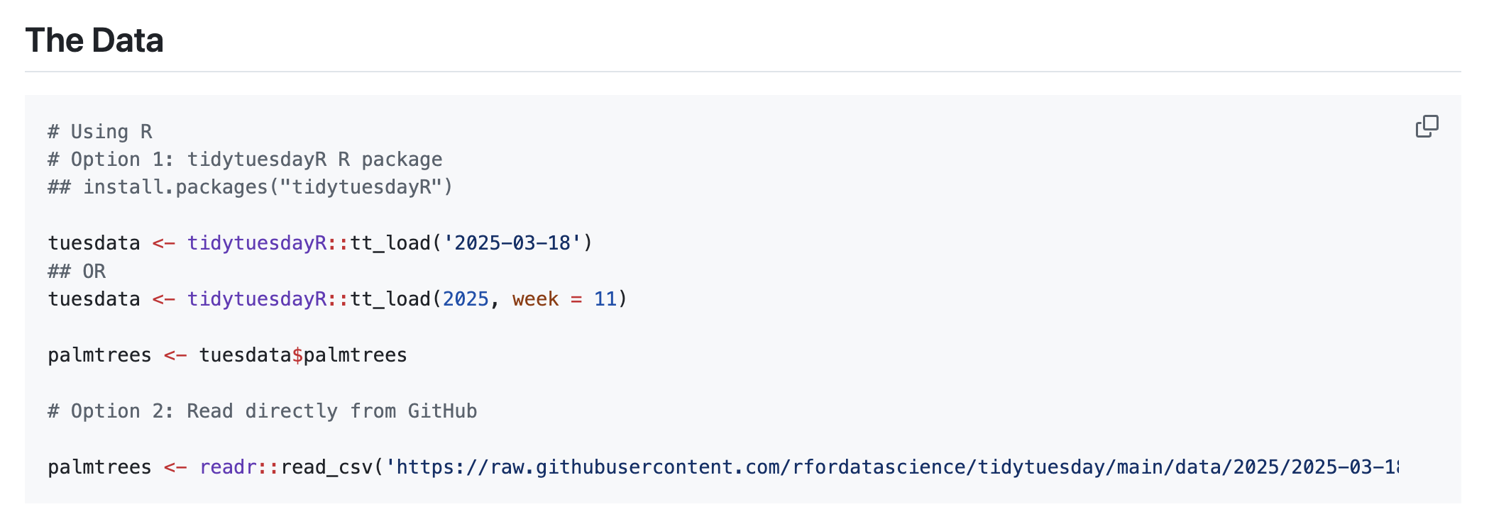 Instructions for downloading TidyTuesday data from March 18, 2025 on palm trees.